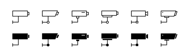 CCTV camera set. Security video surveillance icon. CCTV video camera line and glyph icon set