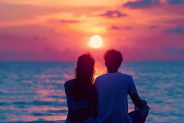 Romantic couple silhouette watching sunset on a beach, love and relationship concept