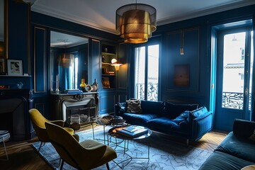 parisian living room on blue tone - obrazy, fototapety, plakaty