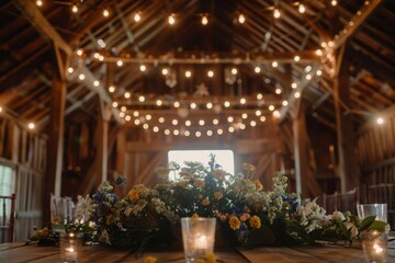 Fototapeta na wymiar Rustic Barn Wedding Reception with String Lights and Wildflowers, Romantic Event Design