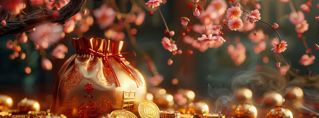 Golden Prosperity, Shimmering Coin Sack Amidst Blossoming Flowers
 - obrazy, fototapety, plakaty