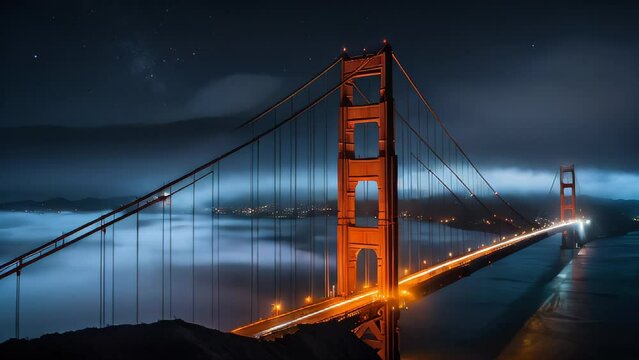 Golden Gate Bridge in San Francisco, illuminated at night, overlooking the cityscape and the bay, showcasing its iconic golden hue and stunning suspension architecture against the backdrop of the ocea