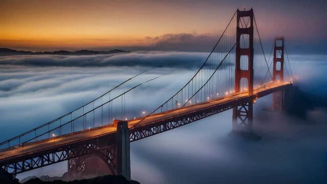 Golden Gate Bridge at sunset, spanning over the bay, with San Francisco's skyline in the background