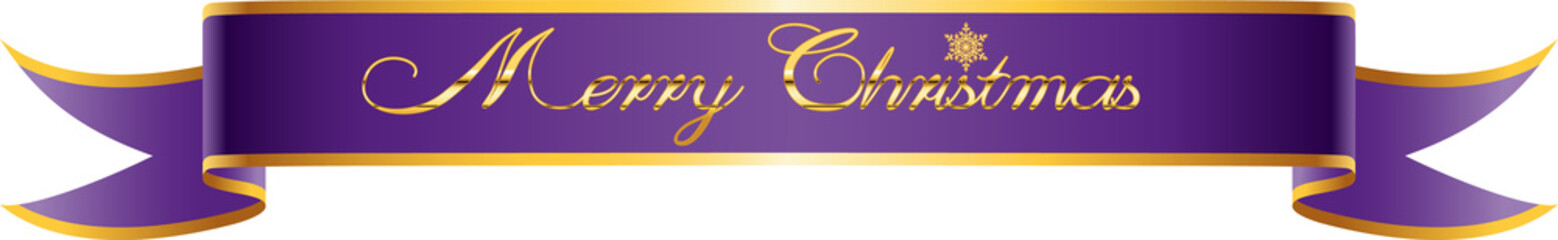 ein goldener Schriftzug Merry Christmas  auf violetter Banderole mit goldenen Rändern