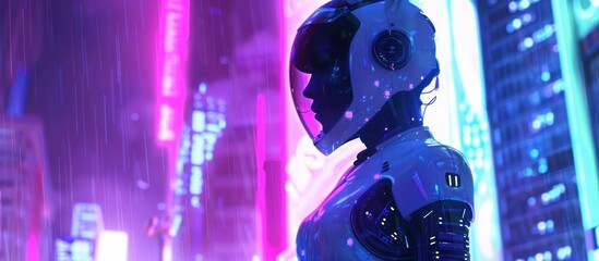 Cyborg woman with modern cyberpunk future technology copy space AI generated image - obrazy, fototapety, plakaty