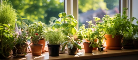 Several houseplants in flowerpots decorate the window sill, including terrestrial plants, flowering...