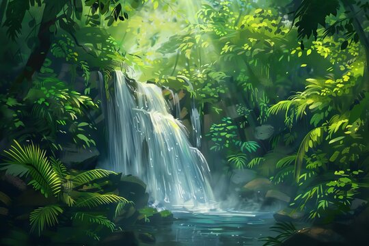 Serene Cascades Tranquil Waterfall in a Lush Tropical Rainforest Oasis, Digital Landscape Painting