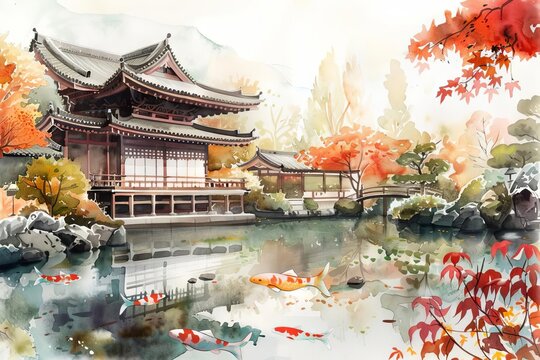 Serene Japanese Temple in Autumn with Maple Trees and Koi Pond, Traditional Asian Architecture, Watercolor Illustration