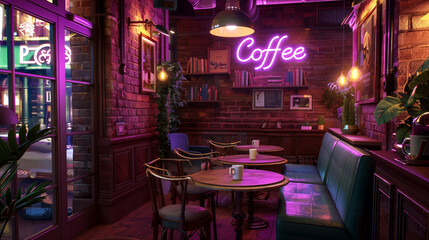Interior of a cozy coffee shop in London, England with a purple neon sign hanging on the wall,...