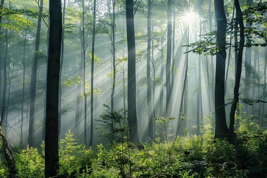 Serene misty forest landscape with sunbeams filtering through trees, nature photography