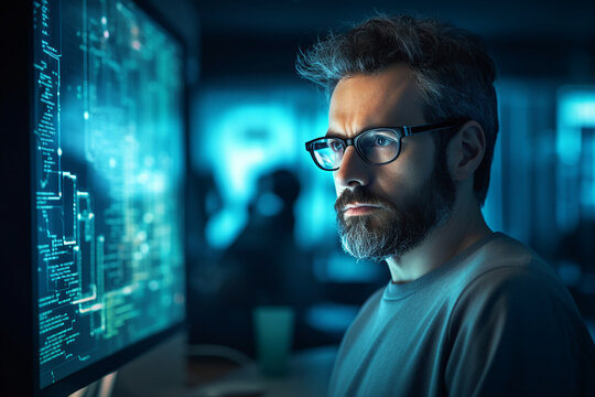 Hard working person in modern interior office programming writing web java script code AI technology generation