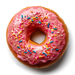 Top View of a Single Pink Donut With Sprinkles Isolated on White background