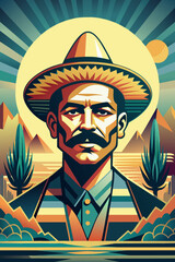 Poster latin mexican man for festival cinco de mayo. Mexico background festive backdrop. Stylized vector illustration of a mexican cowboy with sombrero in a desert landscape