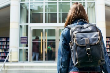 backpack hanging on shoulder of student at library entrance - obrazy, fototapety, plakaty