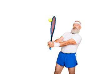 Competetive emotional cool grandpa with humor grimace exercising holding equipment, swatting ball with strength and power. Body care, hobby, weight loss, lifestyle, game process