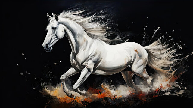 oil painting of a beautiful white stallion galloping on a dark background. a powerful running horse is drawn with large strokes