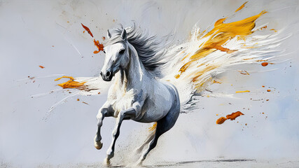 oil painting of a beautiful white stallion galloping on a light background. a powerful running horse is drawn with large strokes