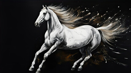 Obraz na płótnie Canvas oil painting of a beautiful white stallion galloping on a dark background. a powerful running horse is drawn with large strokes