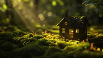 Fotobehang Sunlight dappling through the canopy above, casting a warm glow on a paper house nestled amidst the verdant carpet of moss below. 32K. © Sumia