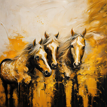 oil painting with a portrait of three beautiful brown stallions on a gray background. the heads of powerful horses are drawn with large strokes