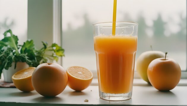 glass of orange juice and fruits