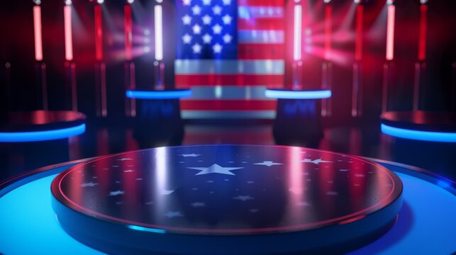 A futuristic political debate stage with a reflective floor cast in patriotic red and blue lights, under a grand American flag, ideal for election coverage and political events.


