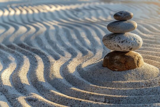 Serene Zen Garden with Raked Sand and Rocks, Meditation Concept Photography