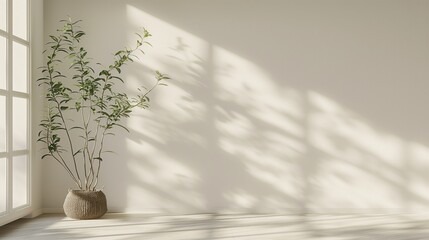 Mur blanc avec une plante et de la lumière du jour qui passe à travers une fenêtre. White wall with a plant and daylight coming through a window.