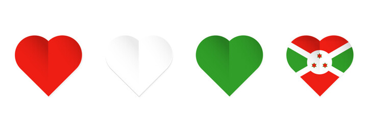 Burundi flag in heart shape. Set of hearts with Burundi flag colors. Vector illustration isolated on white background.