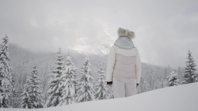 Woman observes beautiful winter landscape in the mountains with trees