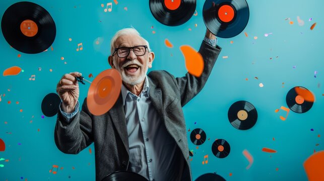 Joyful white-haired senior with classic vinyl records, vibrant blue background, musical nostalgia theme.