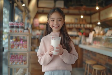 Petite fille asiatique avec un verre de milkshake, boisson dans les mains dans un magasin. Little Asian girl with a glass of milkshake, drink in hand, in a drink shop.