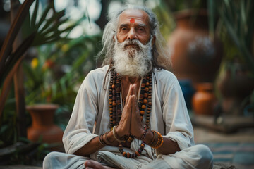 The sage of stillness. A wise guru with a flowing white beard sits in a serene meditation pose, embodying peace and introspection - obrazy, fototapety, plakaty