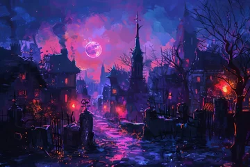 Foto op Plexiglas Spooky Halloween night in the city, haunted urban landscape, digital painting illustration © furyon