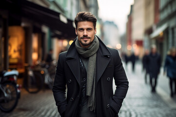 Fototapeta premium Generative AI image of businessman wearing an elegant stylish clothes walking on city street