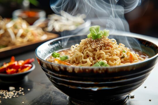 Steaming Bowl of Delectable Ramen Noodles, Savory Broth and Fresh Toppings, Appetizing Asian Cuisine High-Resolution Photo