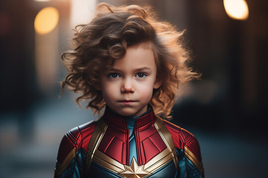 Generative AI image of super child kid wearing superhero cape