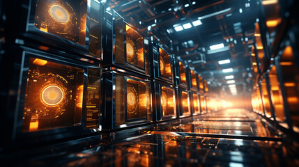Bitcoin Mining Farm: Rows of computer servers in a cryptocurrency mining farm. - obrazy, fototapety, plakaty