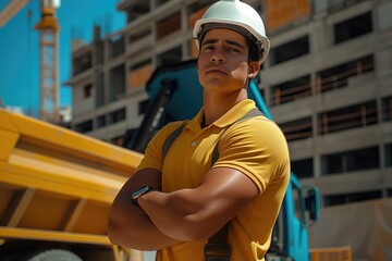 Jeune ouvrier sur un chantier avec un immeuble en construction. Young muscular, hard-working man on a building site.