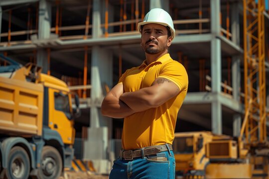 Ouvrier costaud sur un chantier avec un immeuble en construction. Muscular, hard-working man on a building site.