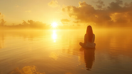 A spiritual guru meditates on a serene misty lake, embraced by the warm glow of a rising sun, radiating peace and reflection