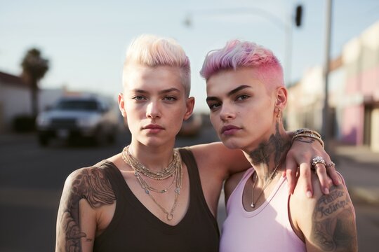 Two beautiful young non-binary persons  looking at the camera. Street scene. Concept of self-acceptance.