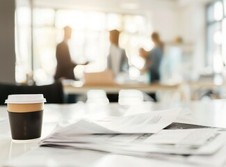 Close up of an office desk with papers, a laptop and a coffee cup on it. In the background, business people are having a blurred conversation in an out-of-focus style. Bokeh.