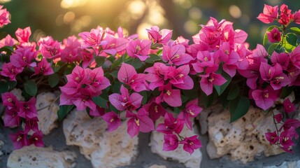 Pink flowers bloom on a stone wall, adding a touch of color