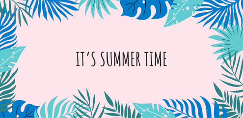 Its summer time colourful handdrawn banner with palm leaves on pink background. 