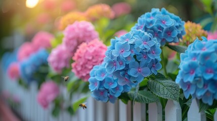 Pink and blue flowers blooming on a white picket fence