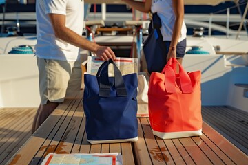 pair of beach bags beside a sailing couple checking a map on yacht table