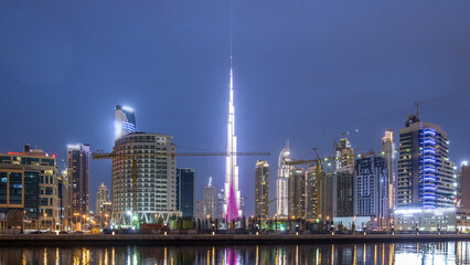Dubai business bay towers day to night timelapse