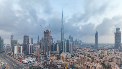 Beautiful luxury Dubai downtown aerial top view early morning timelapse, Dubai, United Arab Emirates