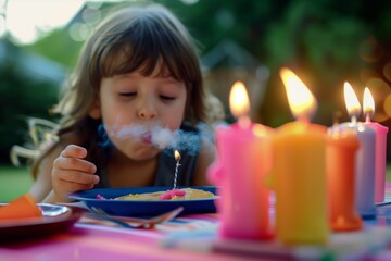 child blowing out candles on an outdoor birthday dinner table